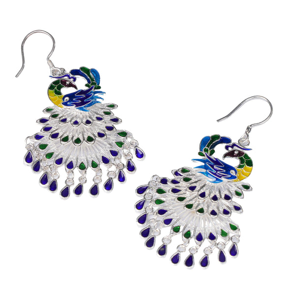 Peacock Enamel Dangle Earrings in S925 Sterling Silver