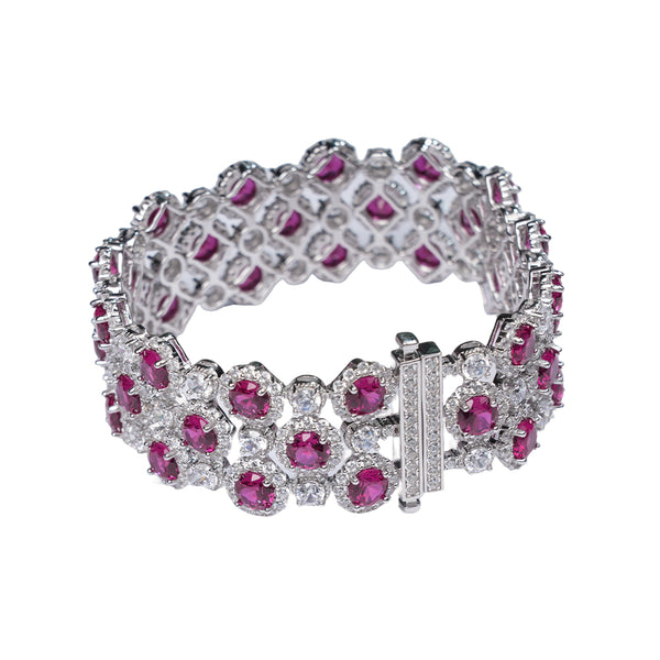 Peony Halo Lab-Created Ruby Cluster Bracelet in S925 Sterling Silver – Triple-Row Floral Design