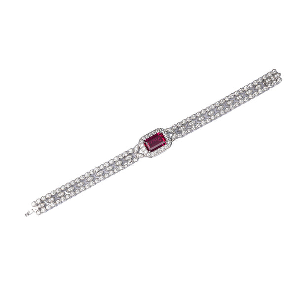 Lab‑Created Ruby Centerpiece Halo Bracelet in S925 Sterling Silver – Double‑Row