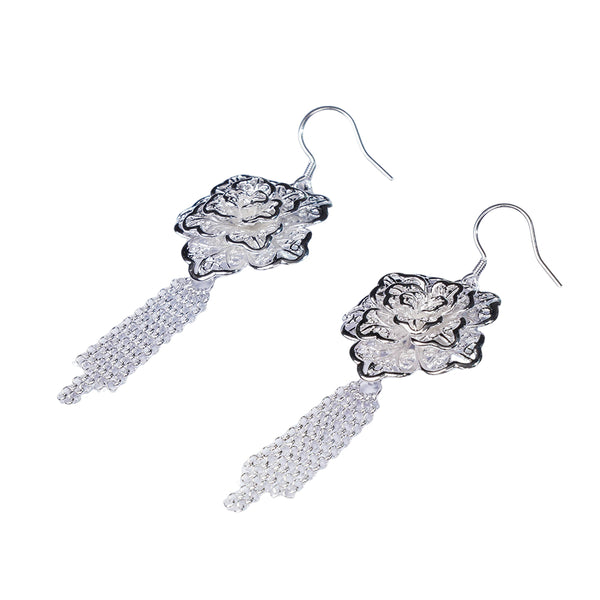 Peony Tassel Drop Earrings in S925 Sterling Silver – Layered Floral Design