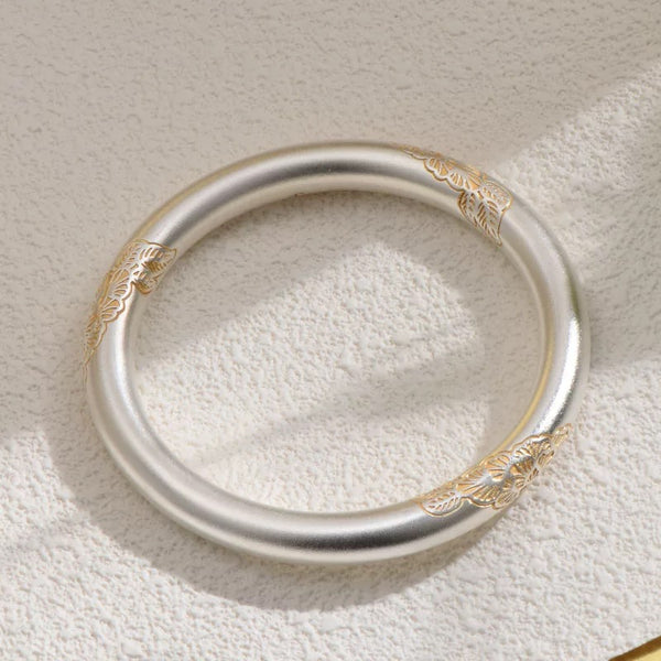 Engraved Floral Bangle in Solid Fine Silver (S999) with Gold Accents